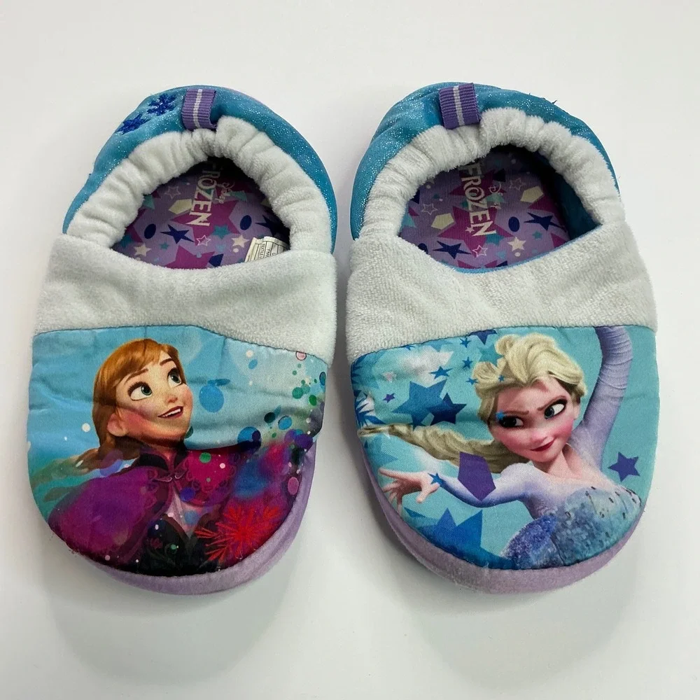 Disney Blue Frozen Slippers Kids 11/12 Anna Elsa Sparkle House Shoes